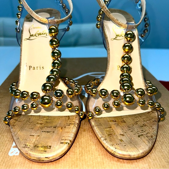 CHRISTIAN LOUBOUTIN Faridaravie 100 PVC Liege Pepite Gold Size 37.5  Woman’s 7.5 - Picture 8 of 16